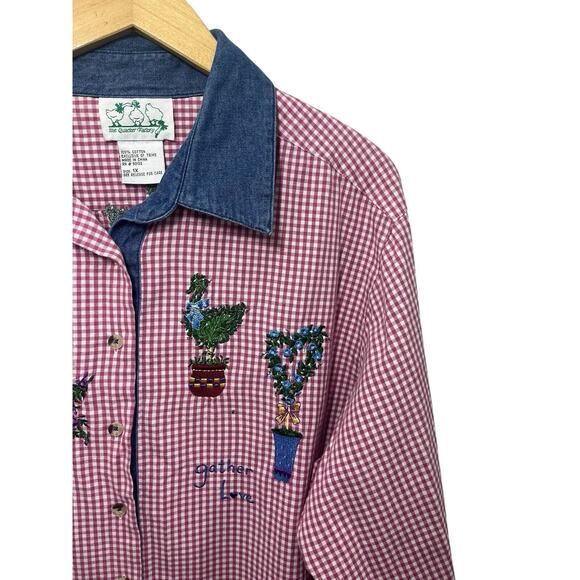 Quacker Factory Rose Red Gingham Button Shirt Denim Plants 1X Spring Top Checks - Picture 5 of 8